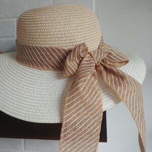 100% paper straw summer sunhat light tan and cream with ribbon